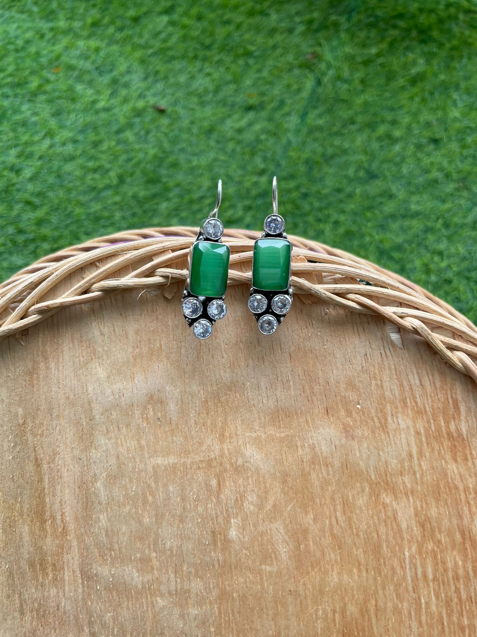 Green stone in metal structure earrings new design