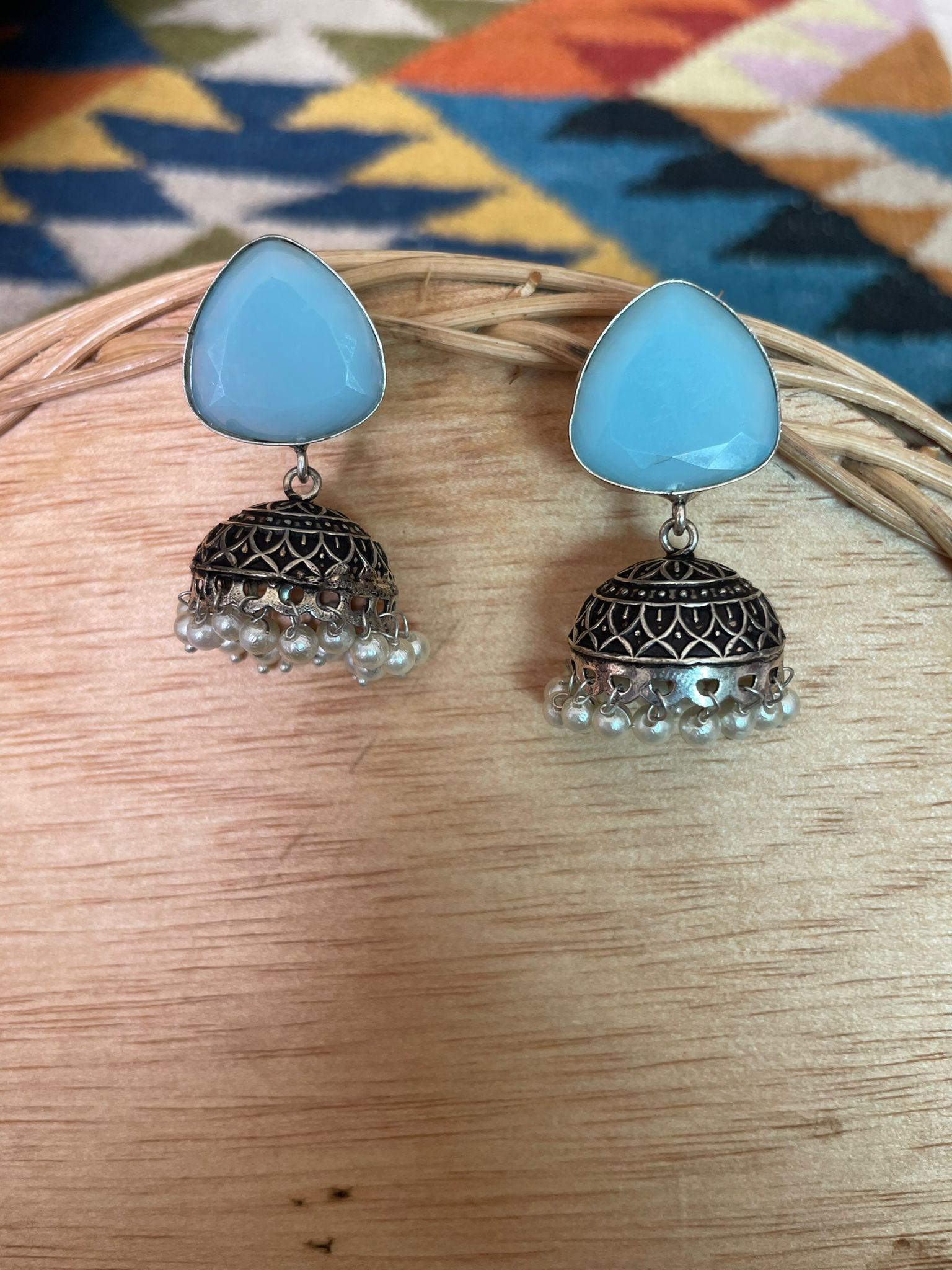handmade and affordable indian festive wear earrings for women in blue color, shop now in Singapore
