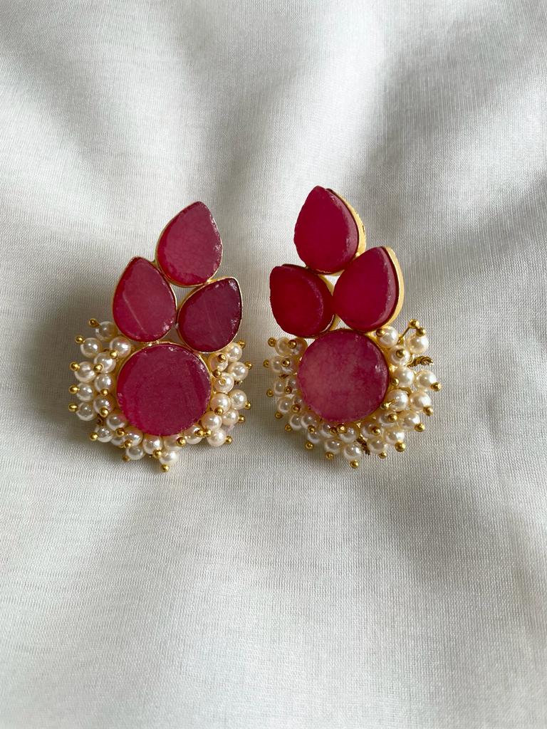 affordable and comfortable oval and round shape earring with pearls in pink for women, shop now  in Singapore