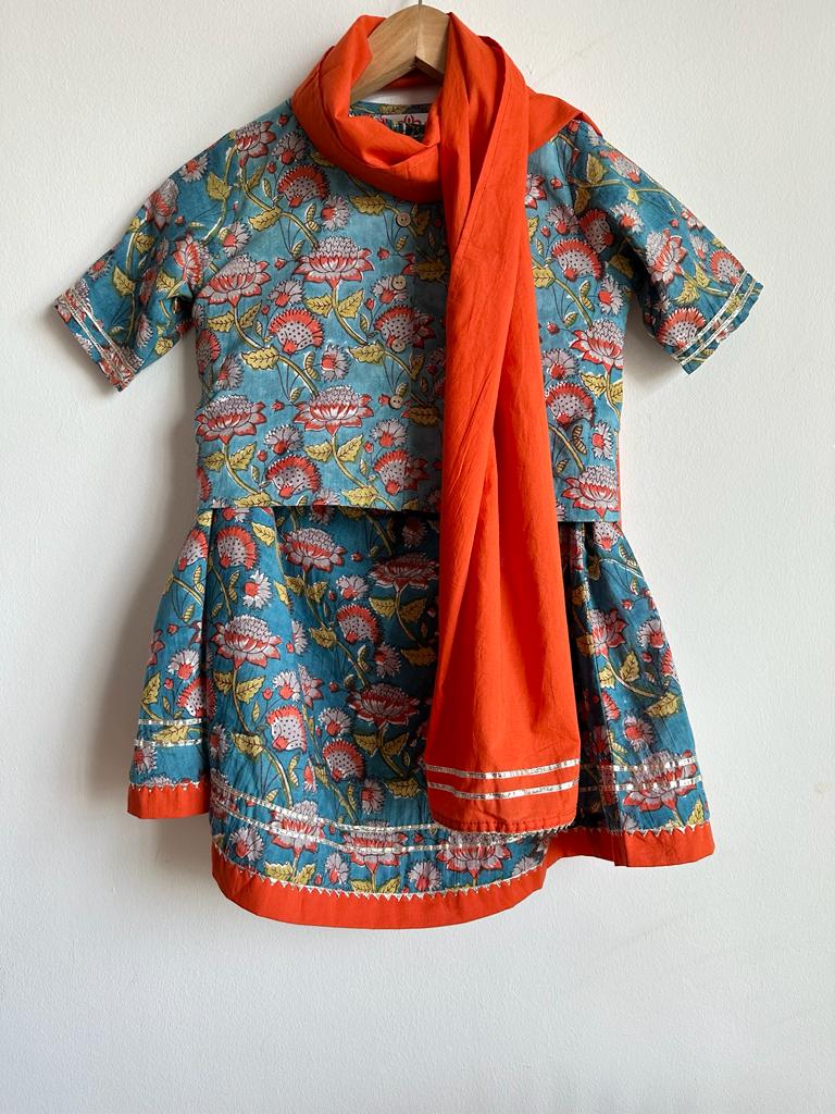 Indian traditional festive Ethnic pure Cotton Kidswear in Blue and Yellow for girls , buy now in Singapore