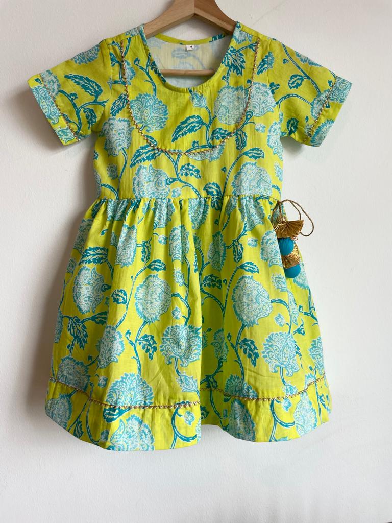 Indian traditional festive Ethnic pure Cotton Kidswear in Yellow and Light Blue for girls, buy now in Singapore
