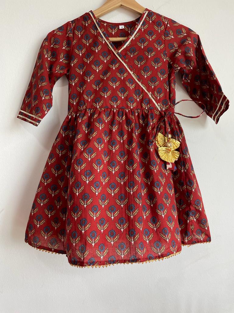 Indian traditional festive Ethnic pure Cotton Kidswear in Red and Brown for girls, buy now in Singapore