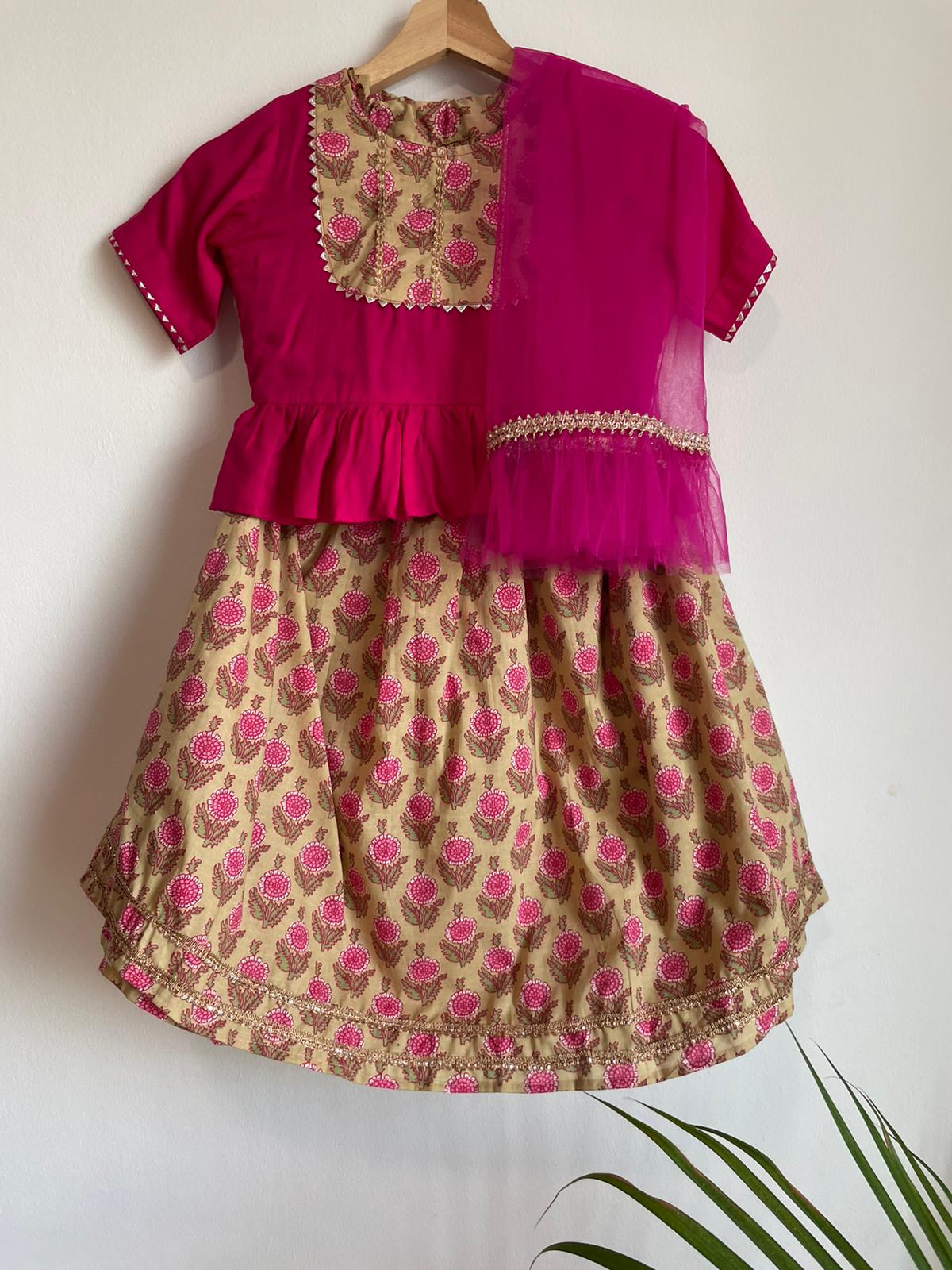 cute lehnga choli dress for girls in pink and brown
