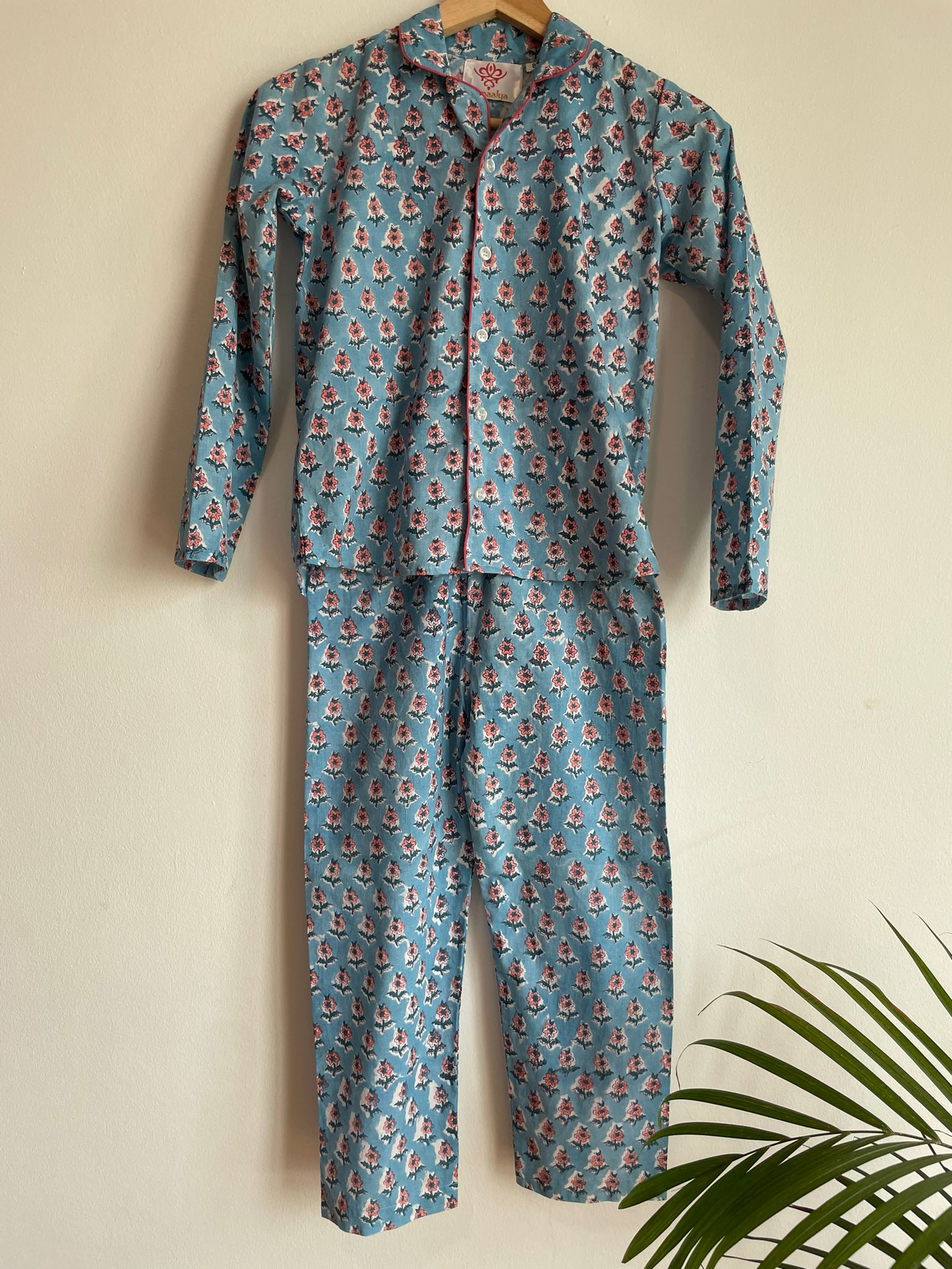 full sleeves and collar pure cotton kids night suit for boys and girls in blue and peach, buy now in Singapore