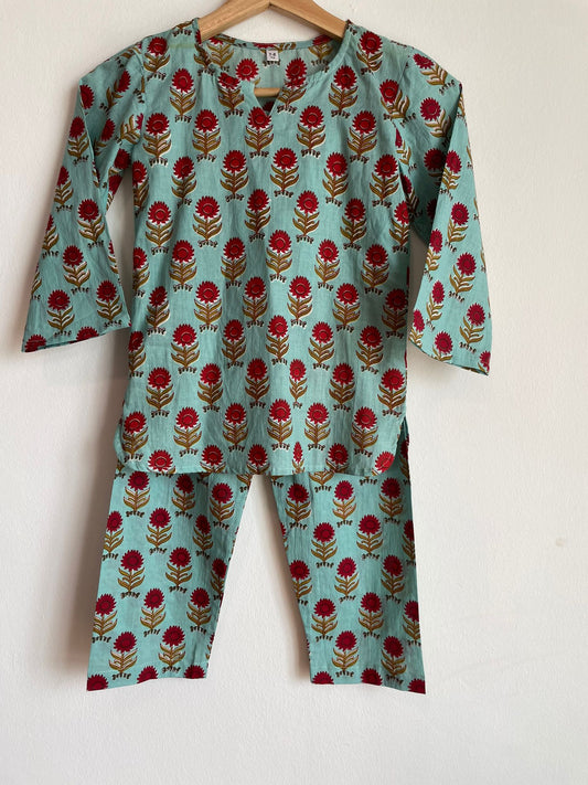 Handmade and affordable pure Cotton Kids night Suit in Light Blue and Red for women, buy now in Singapore