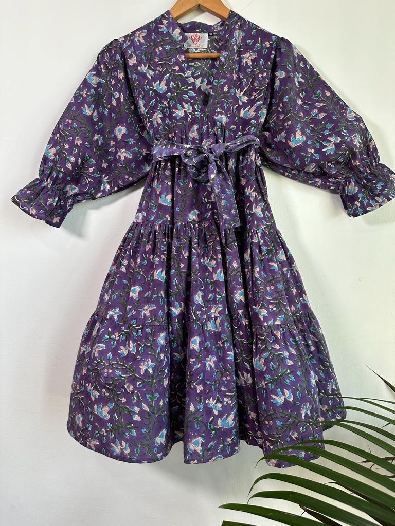 Handmade and affordable pure Cotton Midi Dress in Purple and Green for women, buy now in Singapore