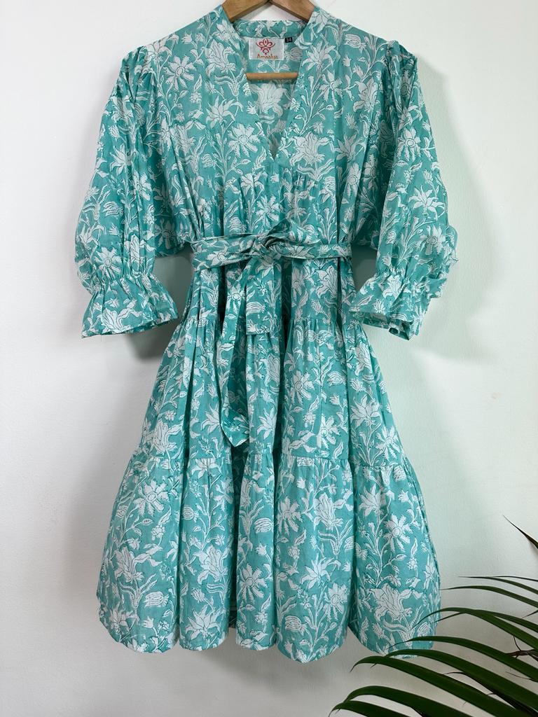Handmade and affordable pure Cotton Midi Dress in Light Blue and White for women, buy now in Singapore