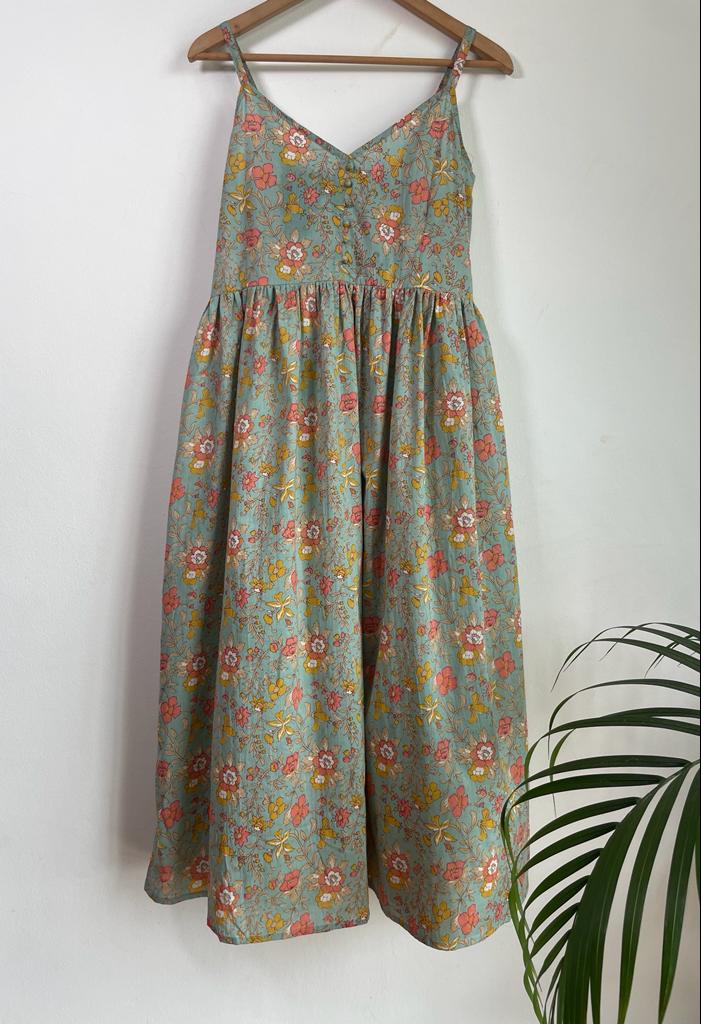 Handmade and affordable pure Cotton Noodle Strap Dress in Light Green and Light brown for women, buy now in Singapore