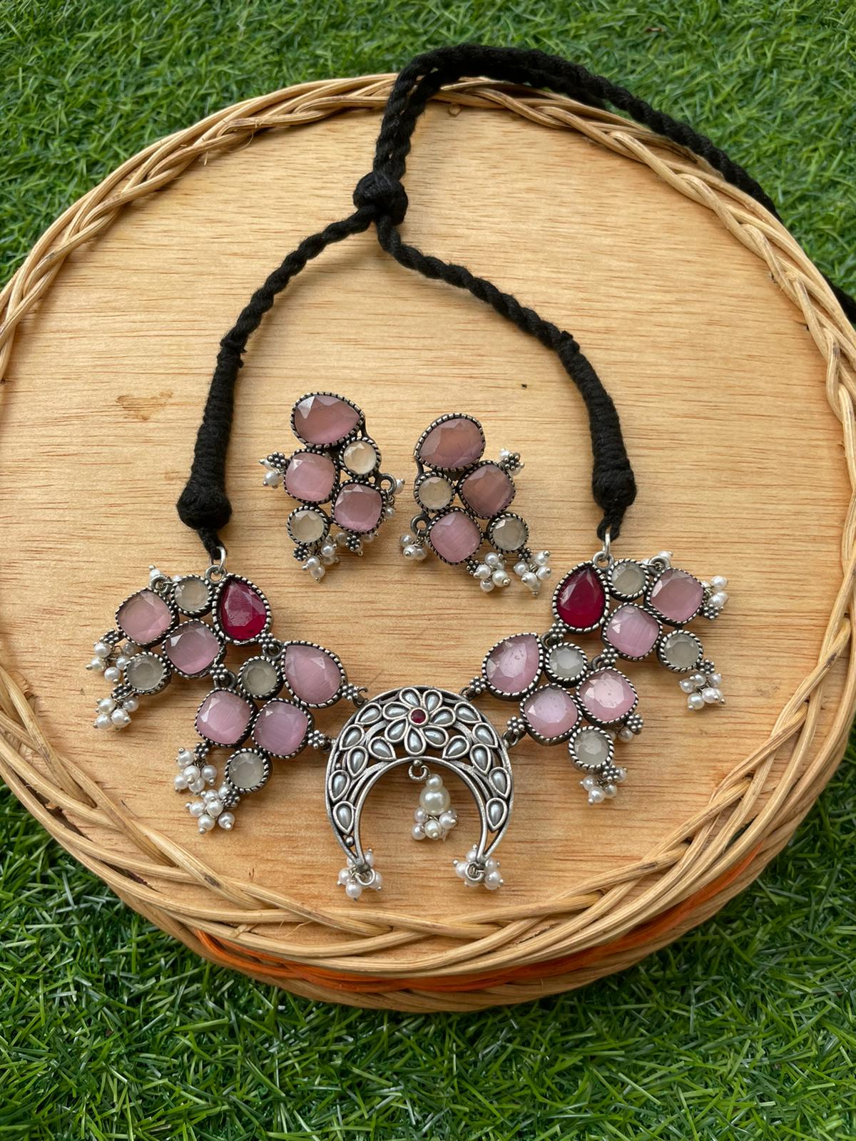 Indian traditional festive Ethnic pure metal Choker Set with pink stones for women, buy now in Singapore