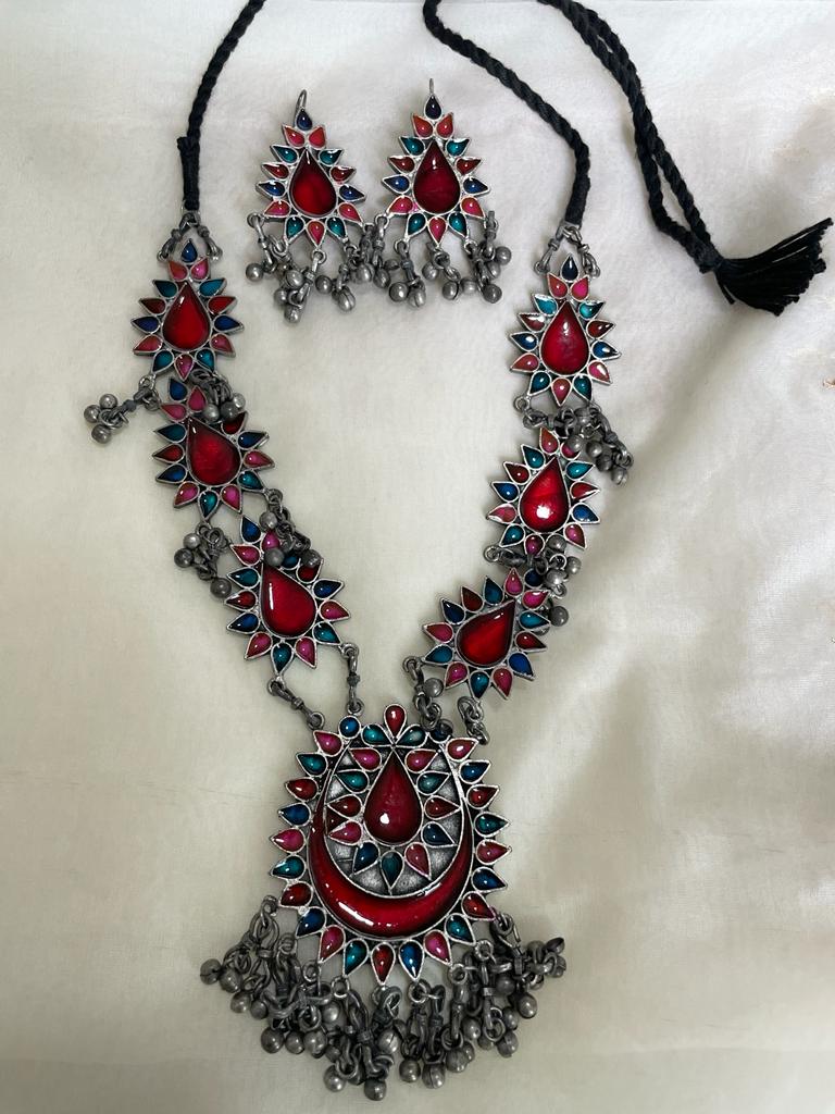 Indian traditional festive Ethnic metal Necklace Set with red stones for women, buy now in Singapore
