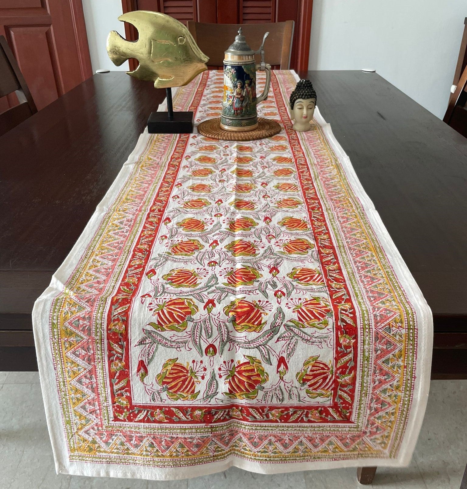 high quality cotton runner for dining and coffee tables in yellow and red, shop now in singapore