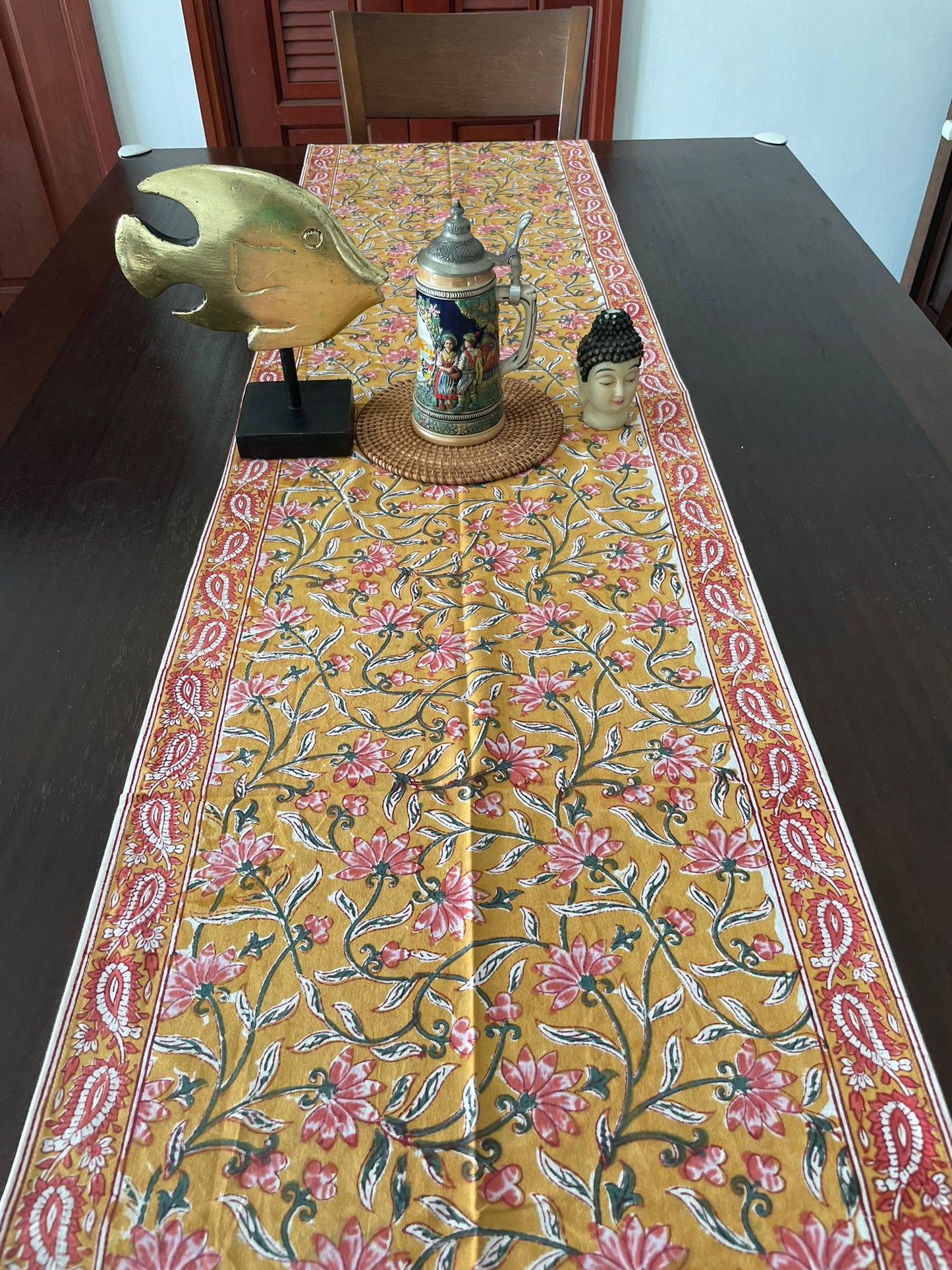 affordable and handmade cotton runner in yellow and pink for dining tables, buy now in singapore