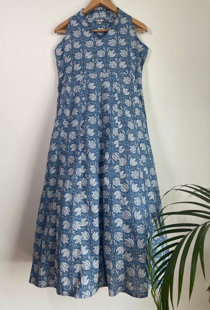 Handmade and affordable pure Cotton Sleeveless Dress in Blue and White for women, buy now in Singapore