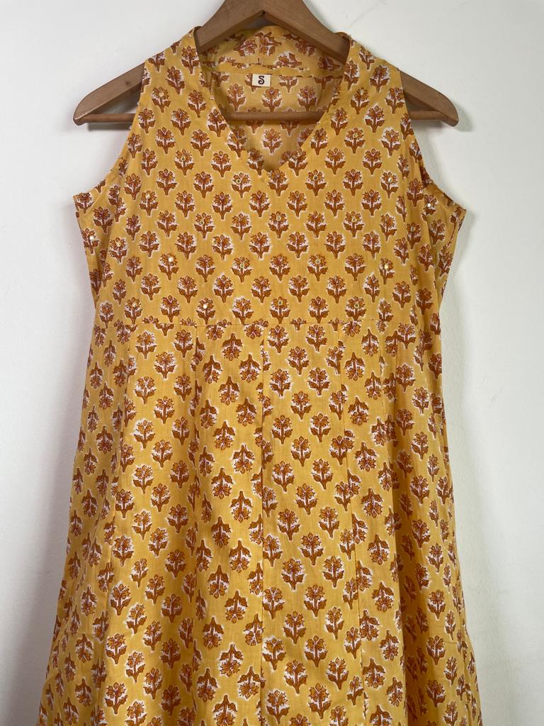 High-quality and comfortable Pure Cotton Sleeveless Dress in Yellow and Brown for women, buy now in Singapore
