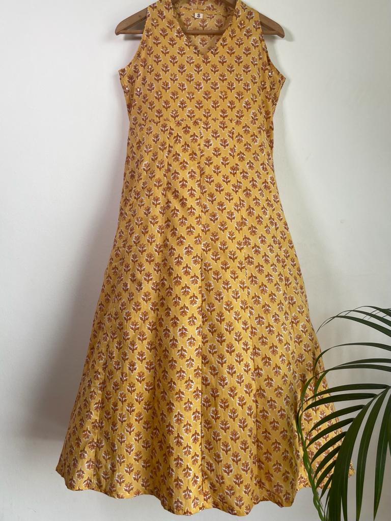 Handmade and affordable pure Cotton Sleeveless Dress in Yellow and Brown for women, buy now in Singapore