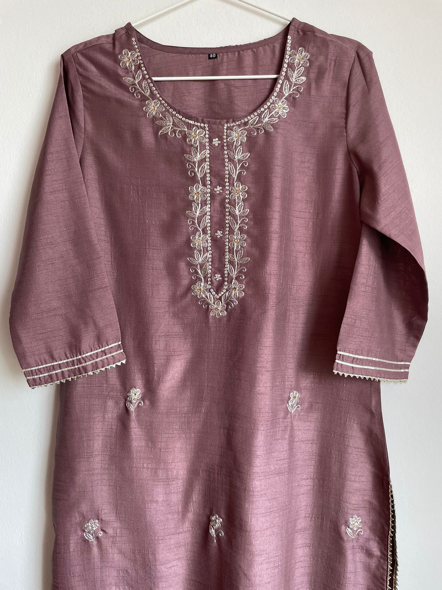 silver embroidery and brown suit for women