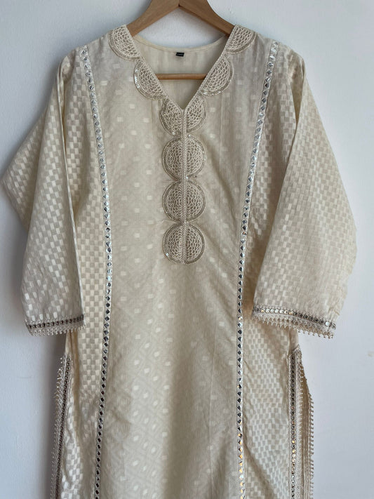 Handmade and affordable  Pure Cotton Stitched Suits in Off-White and Silver for women, buy now in Singapore
