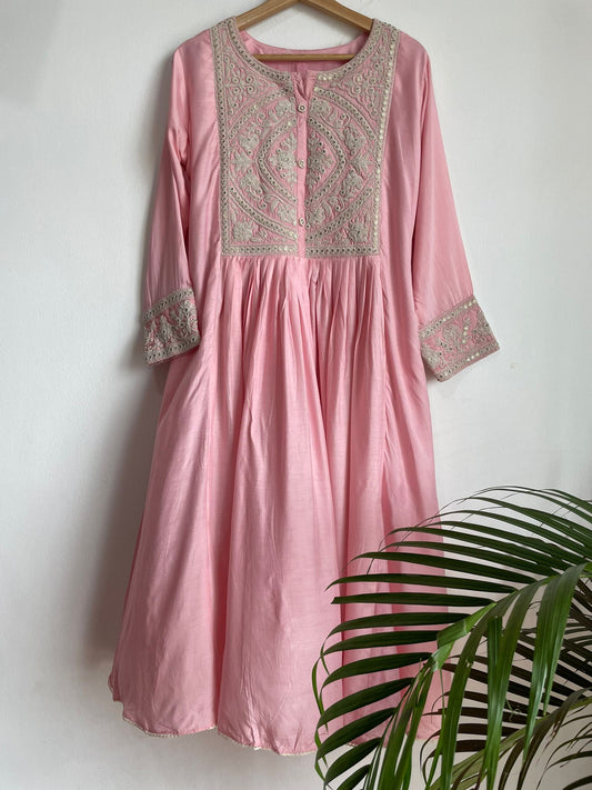 Handmade and affordable  Pure Silk Stitched Suits in Light Pink and Silver for women, buy now in Singapore\