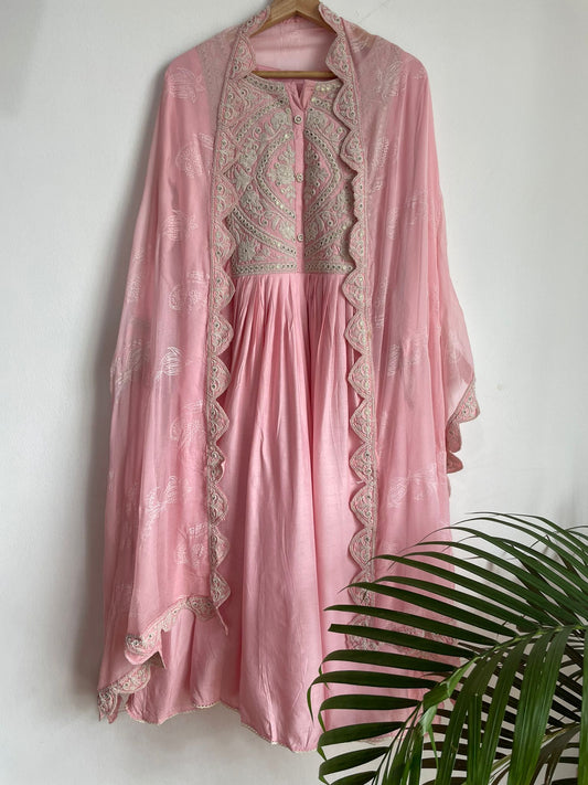 Indian Traditional Ethnic Wear pure Silk Stitched Suits in Light Pink and Silver for women, buy now in Singapore