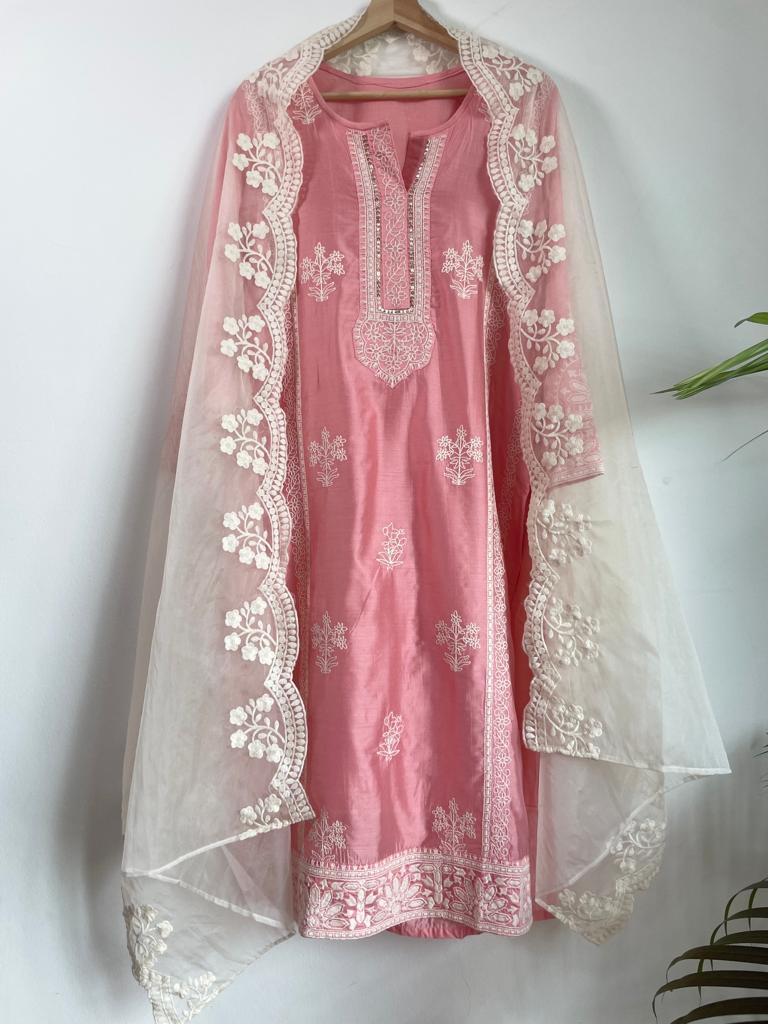 Indian Traditional Ethnic Wear Stitched Suits in Light Pink and White for women, buy now in Singapore