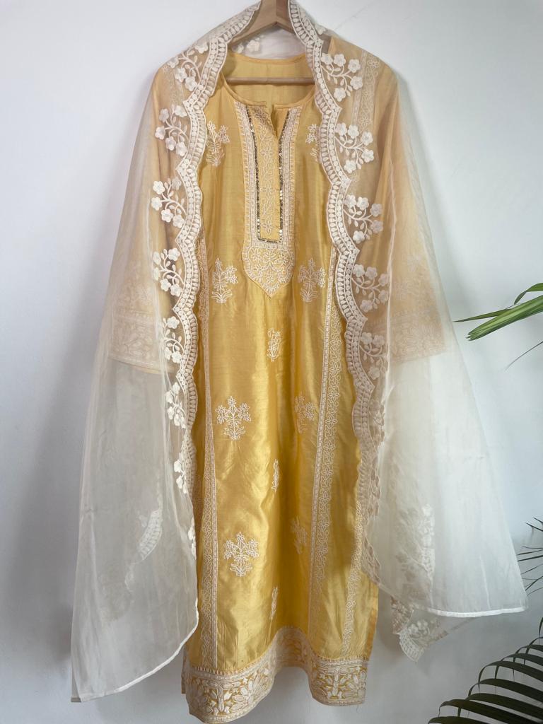 Indian Traditional Ethnic Wear Stitched Suits in White and Yellow for women, buy now in Singapore