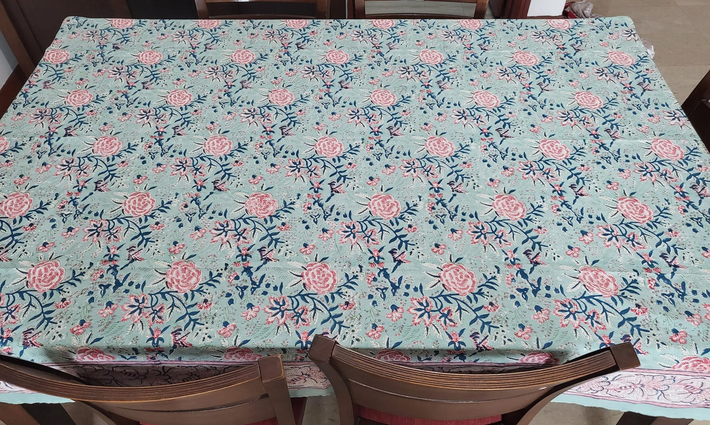 floral block printed table cover made from cotton