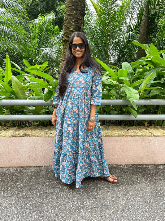 Handmade and affordable pure Cotton Tiered Maxi Dress in Blue and Light brown for women, Shop now in Singapore