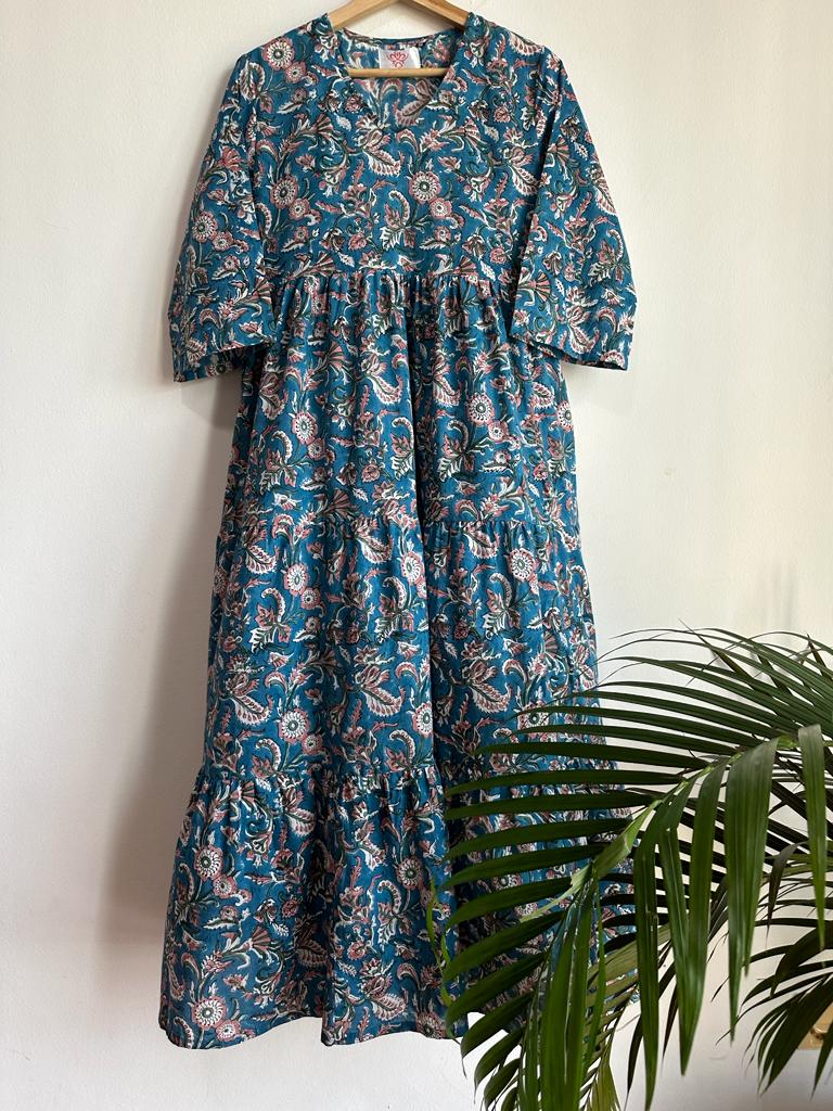 Handmade and affordable pure Cotton Tiered Maxi Dress in Blue and Light brown for women, buy now in Singapore