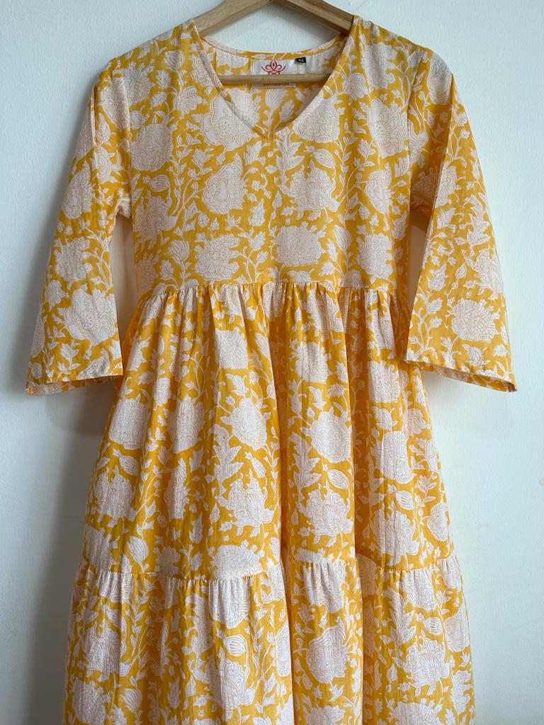 High-quality and comfortable Pure Cotton Tiered Maxi Dress in Yellow and White for women, buy now in Singapore