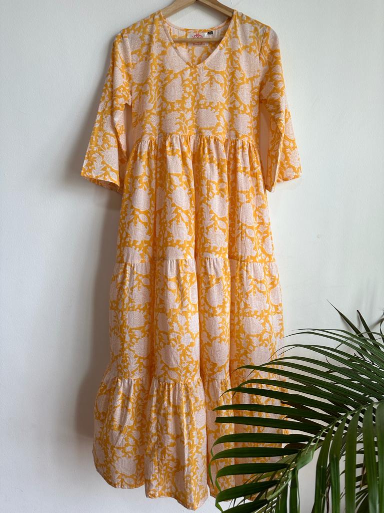 Handmade and affordable pure Cotton Tiered Maxi Dress in Yellow and White for women, buy now in Singapore